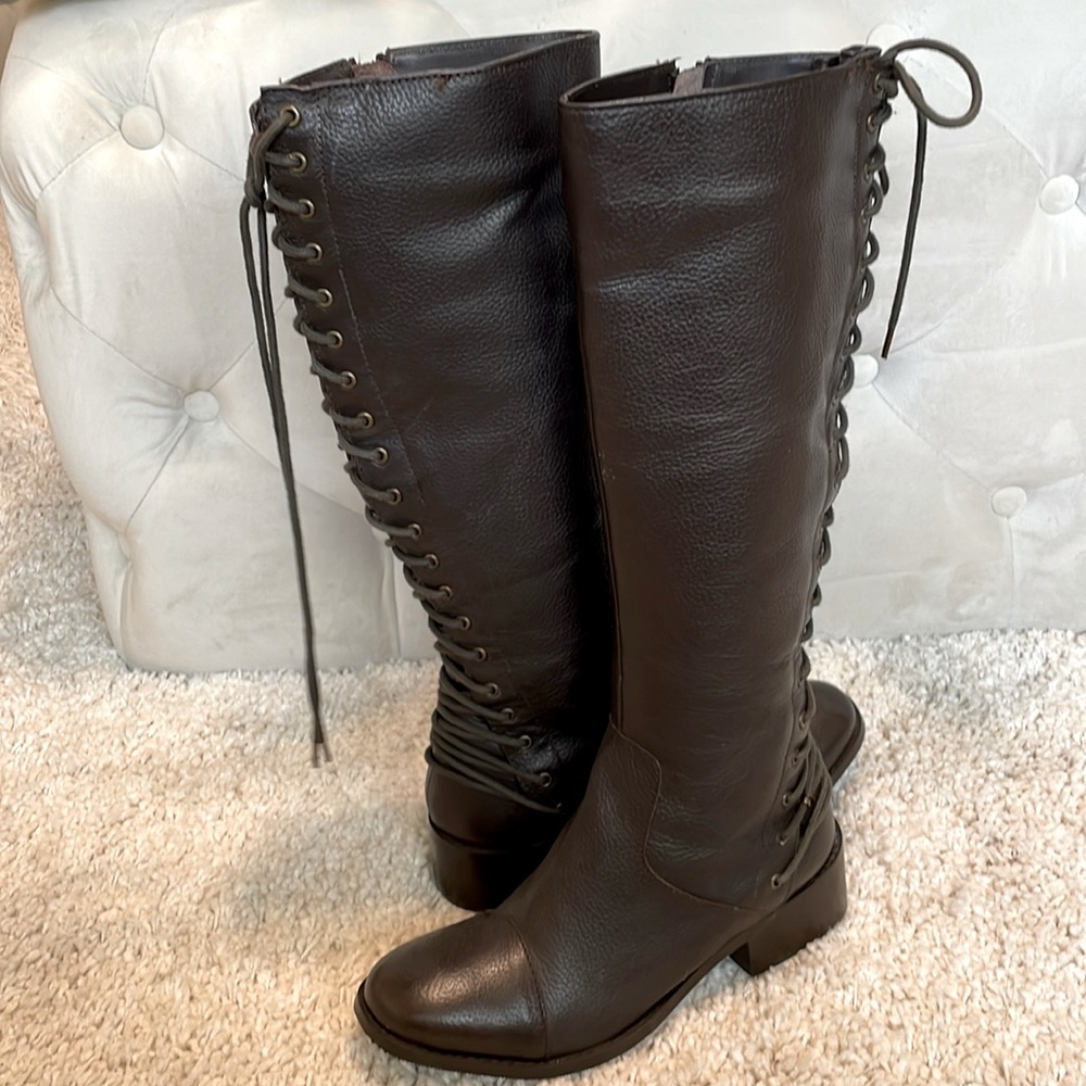 New women’s leather brown boots knee high Two Lips 6.5 lace up back 1.5 heel 16”